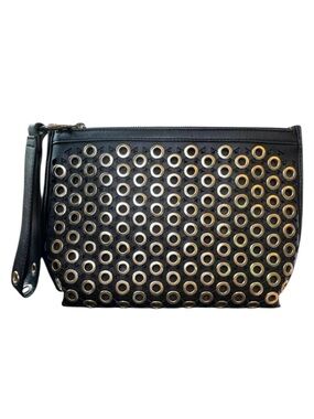 Sam Edelman Faux Leather Black and Silver Eyelet Wristlet Bag